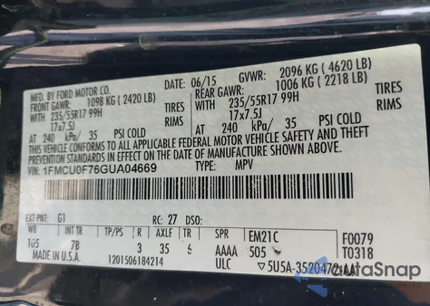 2016 Ford Escape S из США, поврежденный, VIN 1FMCU0F76GUA04669